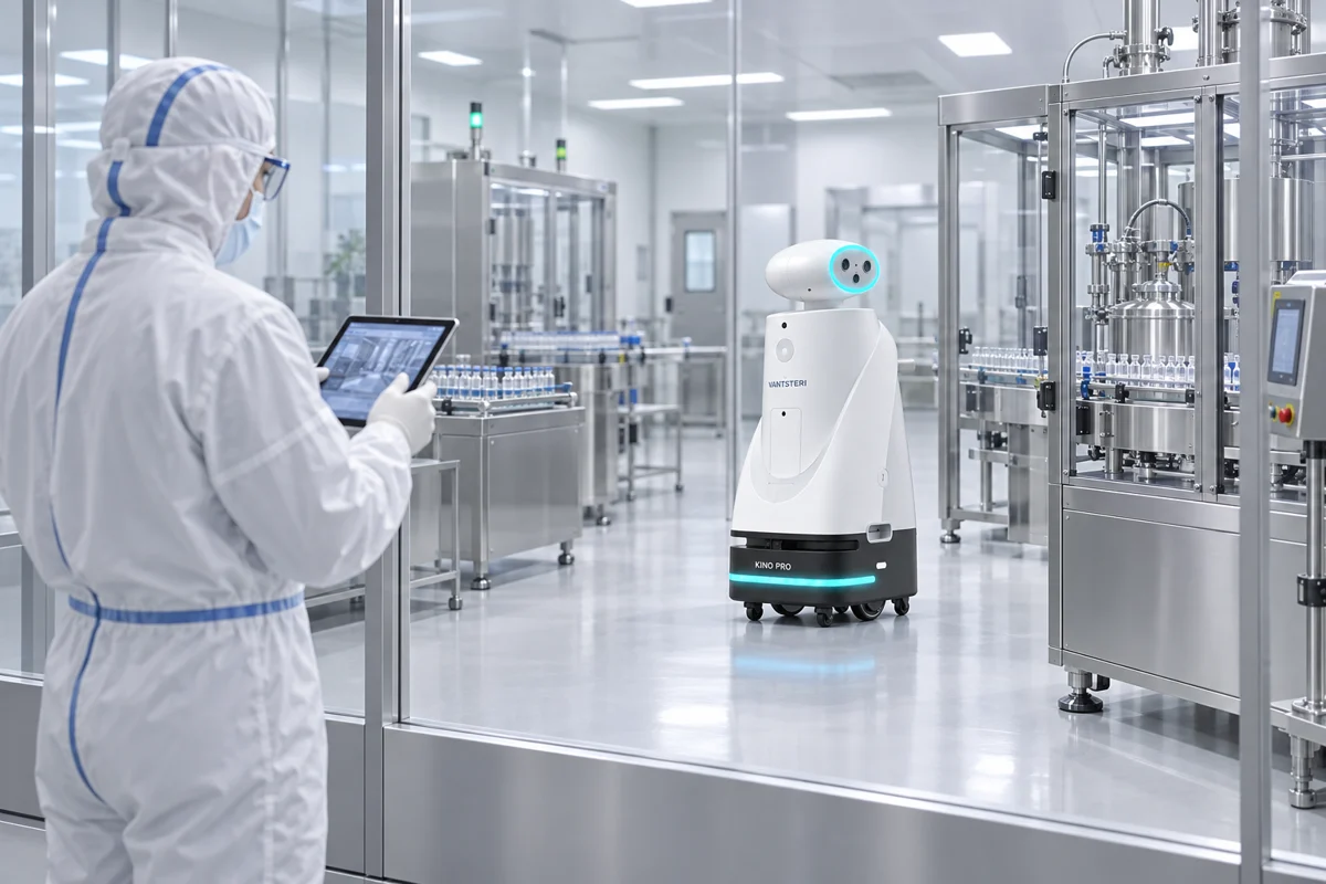 Engineer overseeing a KINO PRO robot in a pharmaceutical cleanroom — concept illustration