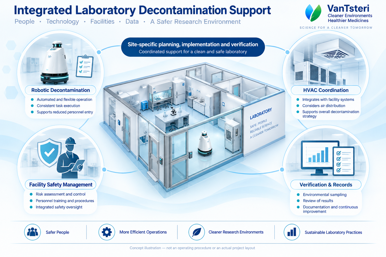 Integrated laboratory decontamination support covering robotic decontamination, HVAC coordination, facility safety management and verification records