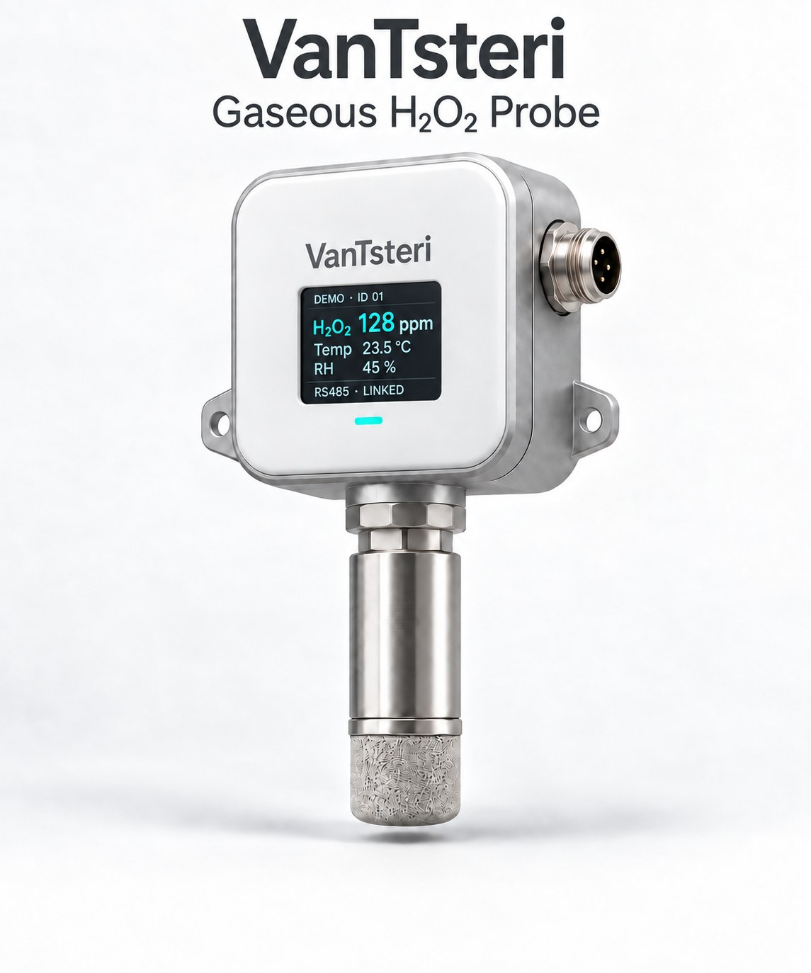 Design illustration of a VanTsteri gaseous hydrogen peroxide probe with a local temperature and humidity display