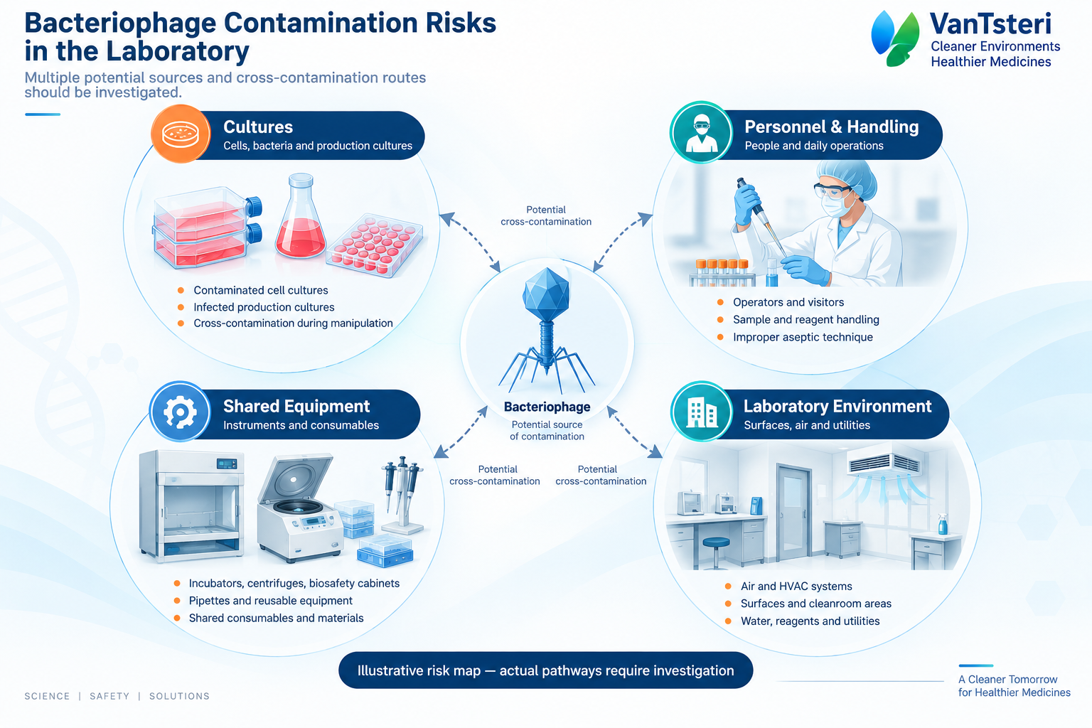 Illustrative bacteriophage risk map showing potential links between cultures, personnel, shared equipment and the laboratory environment